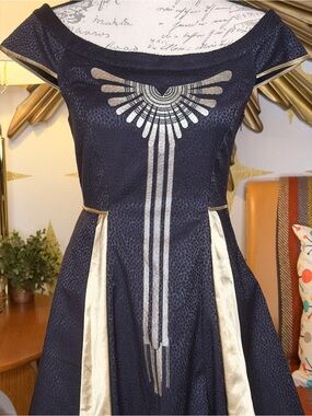 Seraphina Fantastic Beasts Navy Midi Dress with Gold Metallic Accents
